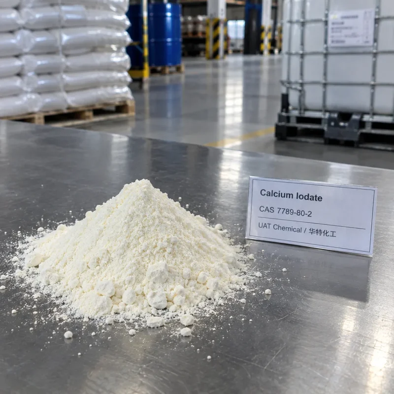 calcium-iodate-cas-7789-80-2-white-powder-sample Pile of white Calcium Iodate powder CAS 7789-80-2 on a metal table with a product label in a warehouse with bagged stock and IBC tanks behind.