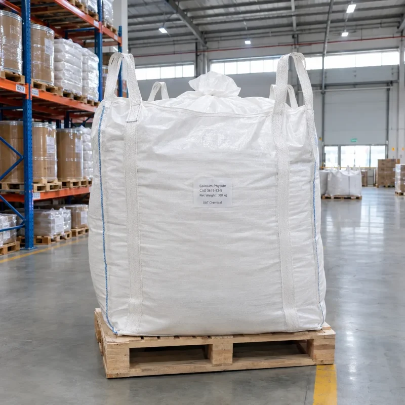 Large white FIBC bag labeled Calcium Phytate CAS 3615-82-5 with 500 kg net weight on a wooden pallet in a warehouse.