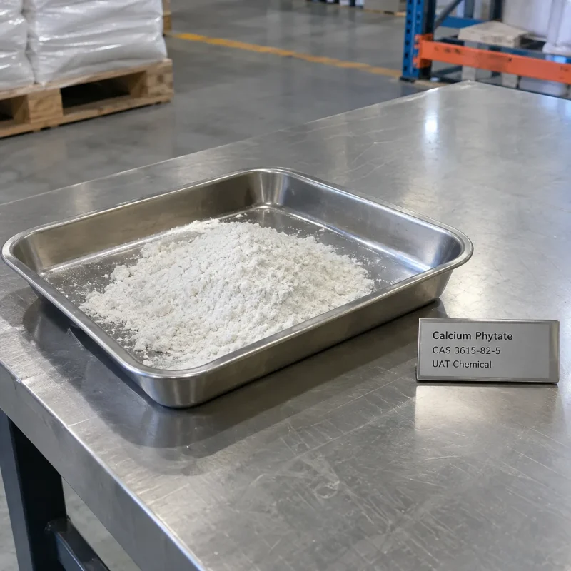 White Calcium Phytate powder CAS 3615-82-5 in a stainless steel tray with a product label on a metal table.