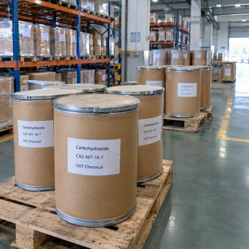carbohydrazide-cas-497-18-7-fiber-drums-pallets Carbohydrazide CAS 497-18-7 packed in cardboard fiber drums on wooden pallets in warehouse