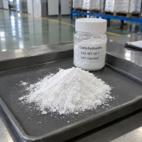 carbohydrazide-cas-497-18-7-powder-sample-bottle Carbohydrazide CAS 497-18-7 white powder pile on tray with labeled sample bottle in factory