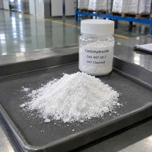 Carbohydrazide CAS 497-18-7 white powder pile on tray with labeled sample bottle in factory