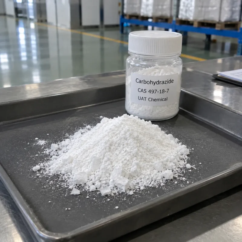 carbohydrazide-cas-497-18-7-powder-sample-bottle Carbohydrazide CAS 497-18-7 white powder pile on tray with labeled sample bottle in factory