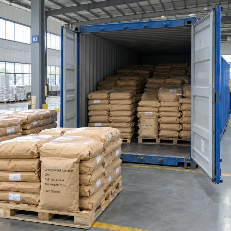 Stacks of 25kg brown paper bags containing Carboxymethyl Cellulose CMC CAS 9004-32-4 loaded into a shipping container.