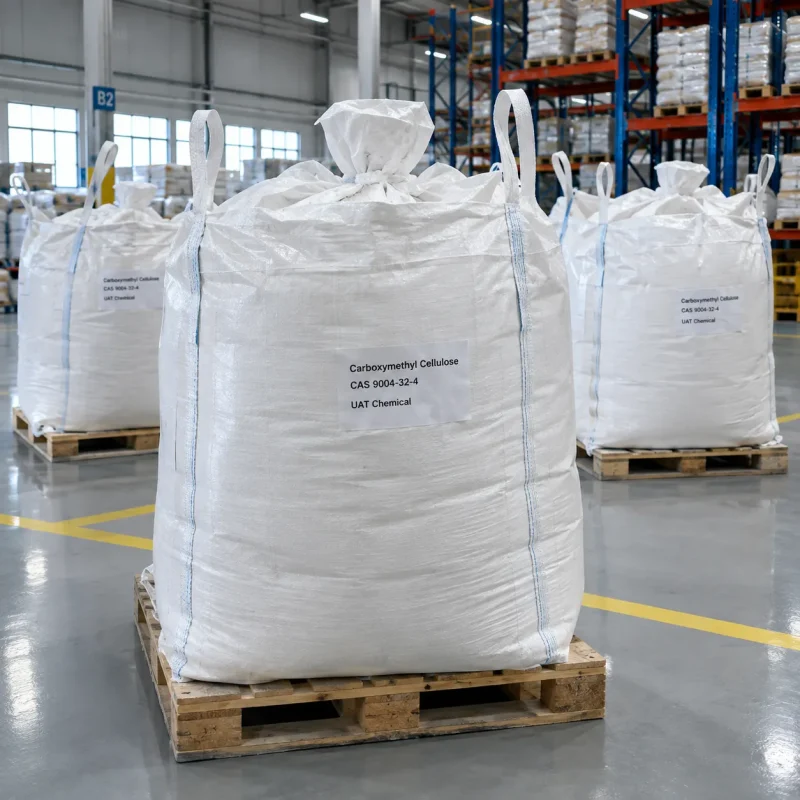 Large white ton bags of Carboxymethyl Cellulose CMC CAS 9004-32-4 on wooden pallets in a warehouse.