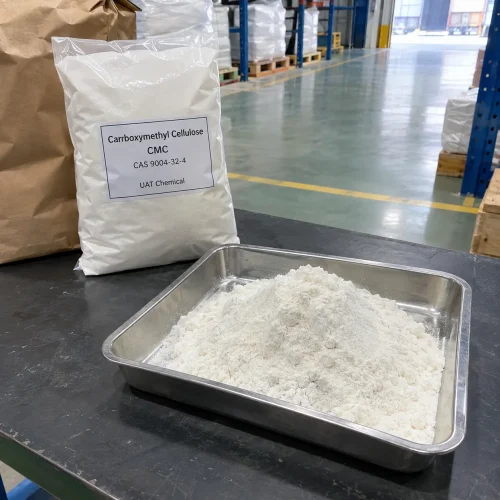 A labeled bag of Carboxymethyl Cellulose CMC CAS 9004-32-4 next to a metal tray filled with white CMC powder.