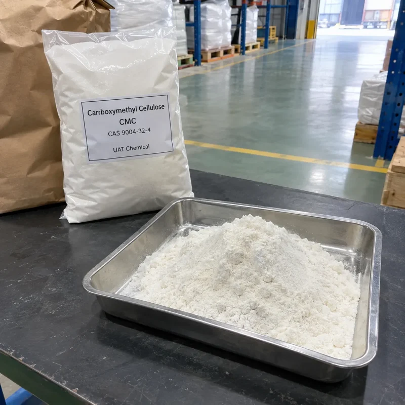 A labeled bag of Carboxymethyl Cellulose CMC CAS 9004-32-4 next to a metal tray filled with white CMC powder.
