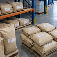 Kraft paper bags labeled Caryophyllene Oxide (CAS 1139-30-6) stacked on pallets and storage racks in a warehouse