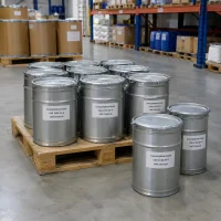 Open-head metal drums labeled Caryophyllene Oxide (CAS 1139-30-6) on wooden pallets in a chemical warehouse