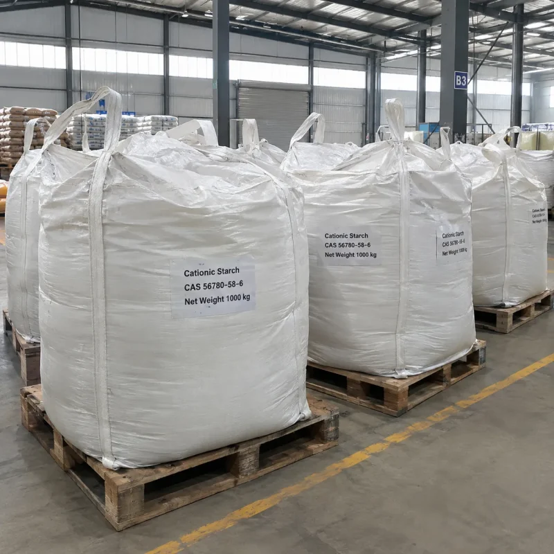 cationic-starch-cas-56780-58-6-1000kg-fibc-bulk-bags-pallet Row of white FIBC bulk bags labeled Cationic Starch CAS 56780-58-6 with 1000 kg net weight standing on wooden pallets in a warehouse.