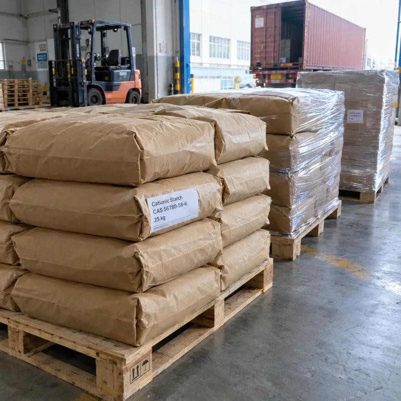 cationic-starch-cas-56780-58-6-25kg-paper-bags-loading Pallets of 25kg brown paper bags of Cationic Starch CAS 56780-58-6 in a loading area with a forklift and a container truck in the background.