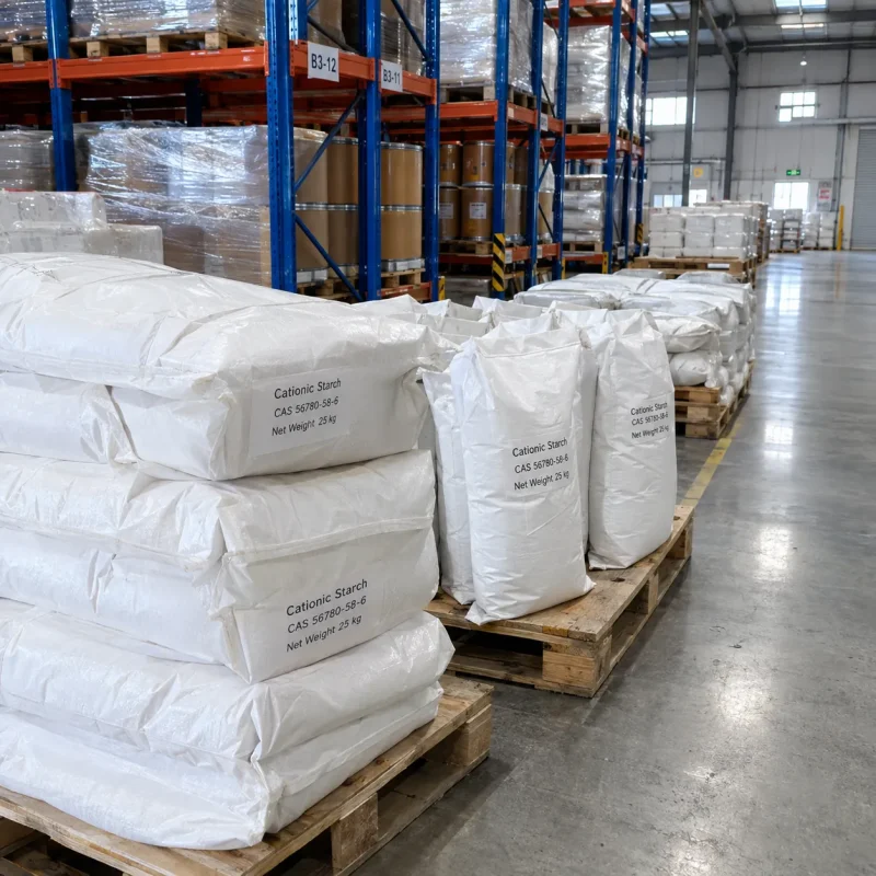 cationic-starch-cas-56780-58-6-25kg-white-bags-pallet Stacked 25kg white bags of Cationic Starch CAS 56780-58-6 on wooden pallets in a warehouse with storage racks in the background.