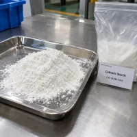cationic-starch-cas-56780-58-6-white-powder-sample-tray White Cationic Starch powder CAS 56780-58-6 in a stainless steel tray next to a ziplock sample bag with a product label on a factory table.