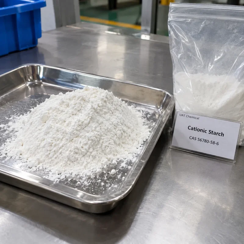 cationic-starch-cas-56780-58-6-white-powder-sample-tray White Cationic Starch powder CAS 56780-58-6 in a stainless steel tray next to a ziplock sample bag with a product label on a factory table.