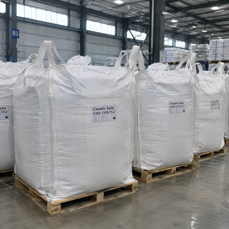 caustic-soda-cas-1310-73-2-fibc-bulk-bags-pallet White FIBC bulk bags labeled Caustic Soda CAS 1310-73-2 on wooden pallets in a warehouse storage area.
