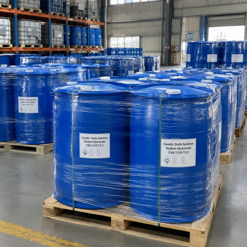caustic-soda-solution-cas-1310-73-2-blue-plastic-drums-pallet Blue plastic drums of Caustic Soda Solution Sodium Hydroxide CAS 1310-73-2 shrink-wrapped on wooden pallets in a warehouse.