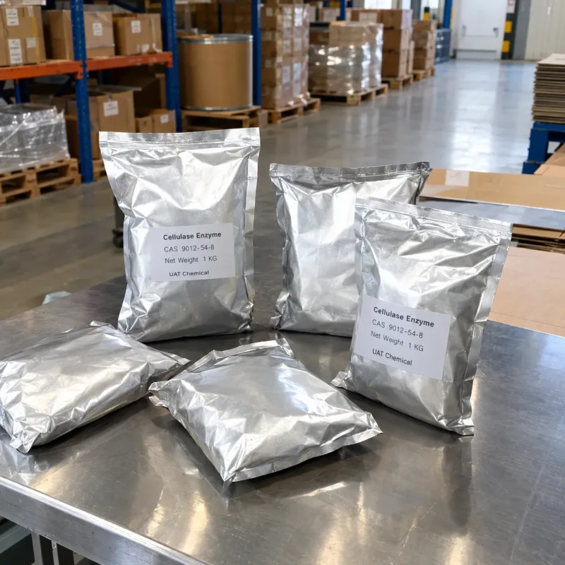 cellulase-enzyme-cas-9012-54-8-1kg-aluminum-foil-bags Cellulase Enzyme CAS 9012-54-8 in 1 kg aluminum foil bags on stainless steel table