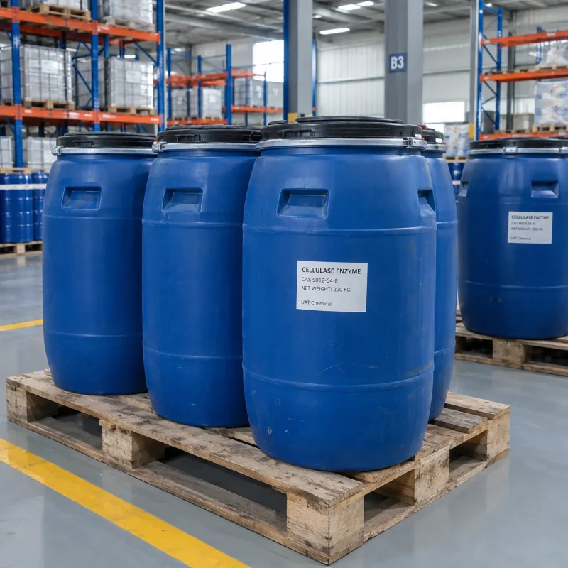 cellulase-enzyme-cas-9012-54-8-200kg-blue-plastic-drums-pallet Cellulase Enzyme CAS 9012-54-8 in 200 kg blue plastic drums on pallet in warehouse