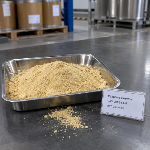 Cellulase Enzyme CAS 9012-54-8 tan yellow powder in stainless steel tray on dark table