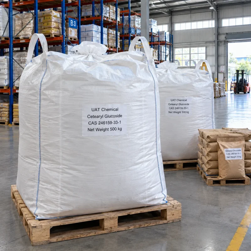 Cetearyl Glucoside (CAS 246159-33-1) in 25 kg fiber drums with metal rims, one open drum showing white flaky granules