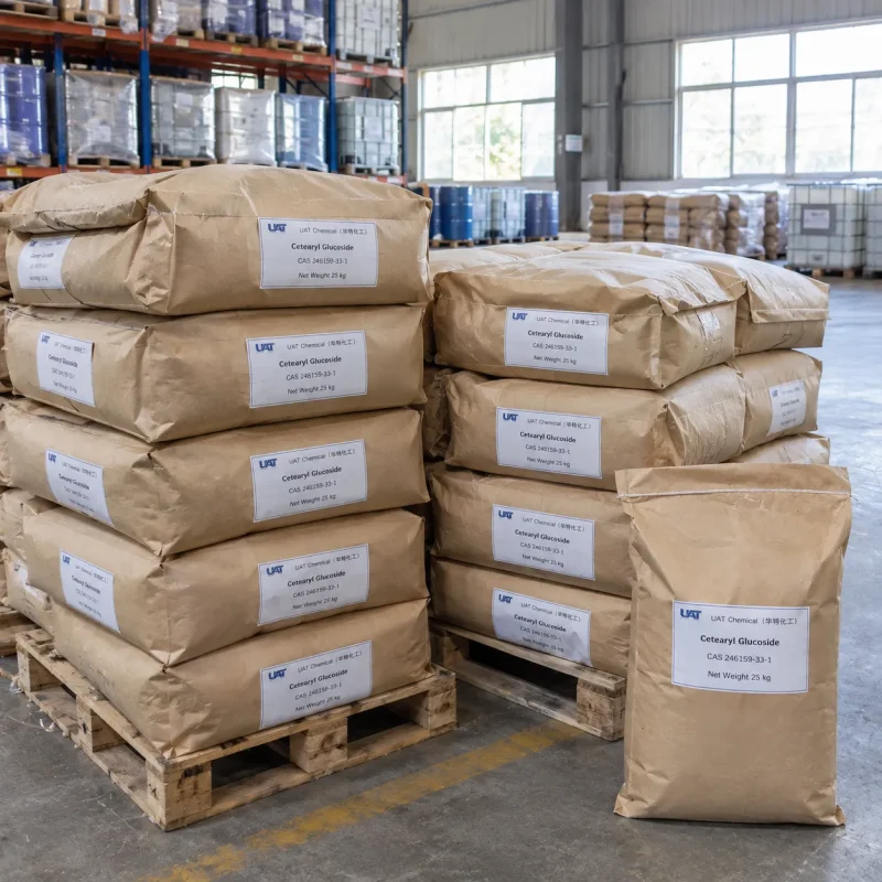 Cetearyl Glucoside (CAS 246159-33-1) in 25 kg kraft paper bags stacked on wooden pallets in a warehouse