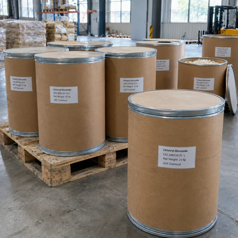 Cetearyl Glucoside (CAS 246159-33-1) in 500 kg white woven bulk bags on pallets, 25 kg paper bags in background