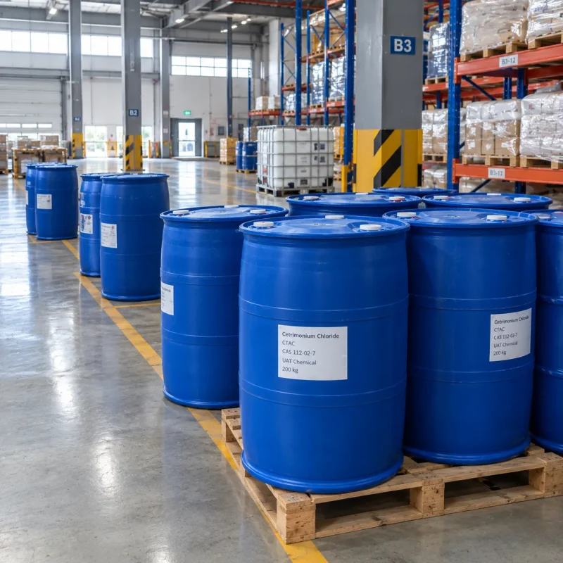Cetrimonium chloride (CTAC, CAS 112-02-7) in 200 kg blue plastic drums stored on pallets in a chemical warehouse