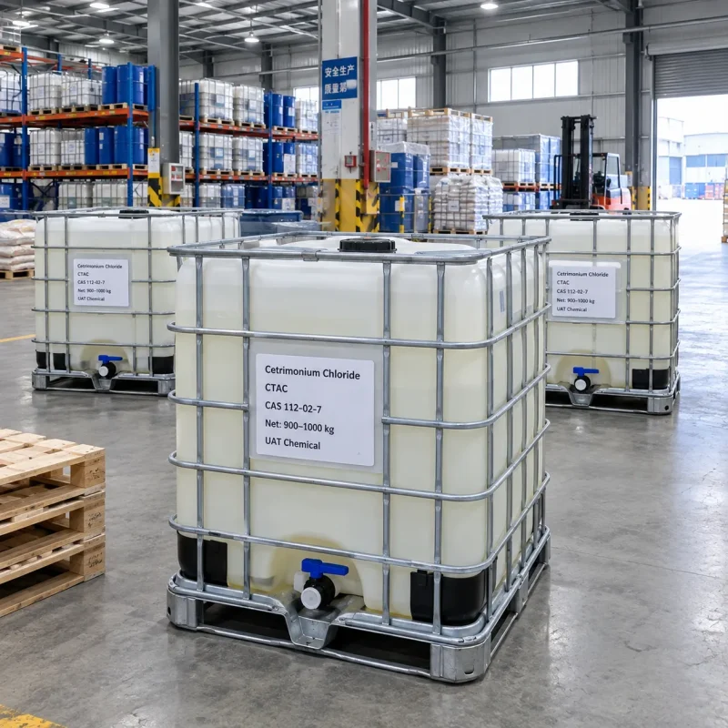 Cetrimonium chloride (CTAC, CAS 112-02-7) liquid in white IBC tote tanks with discharge valves, 900-1000 kg each