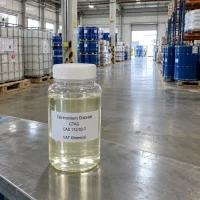 Cetrimonium chloride (CTAC, CAS 112-02-7) clear pale yellow liquid in a plastic sample bottle on a warehouse table