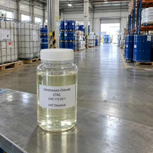 Cetrimonium chloride (CTAC, CAS 112-02-7) clear pale yellow liquid in a plastic sample bottle on a warehouse table