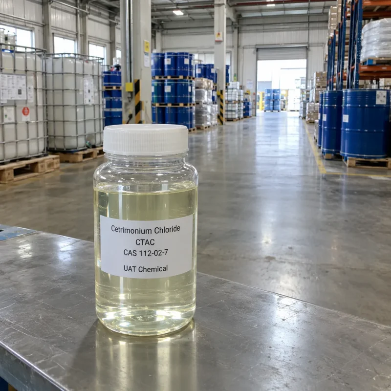 Cetrimonium chloride (CTAC, CAS 112-02-7) clear pale yellow liquid in a plastic sample bottle on a warehouse table