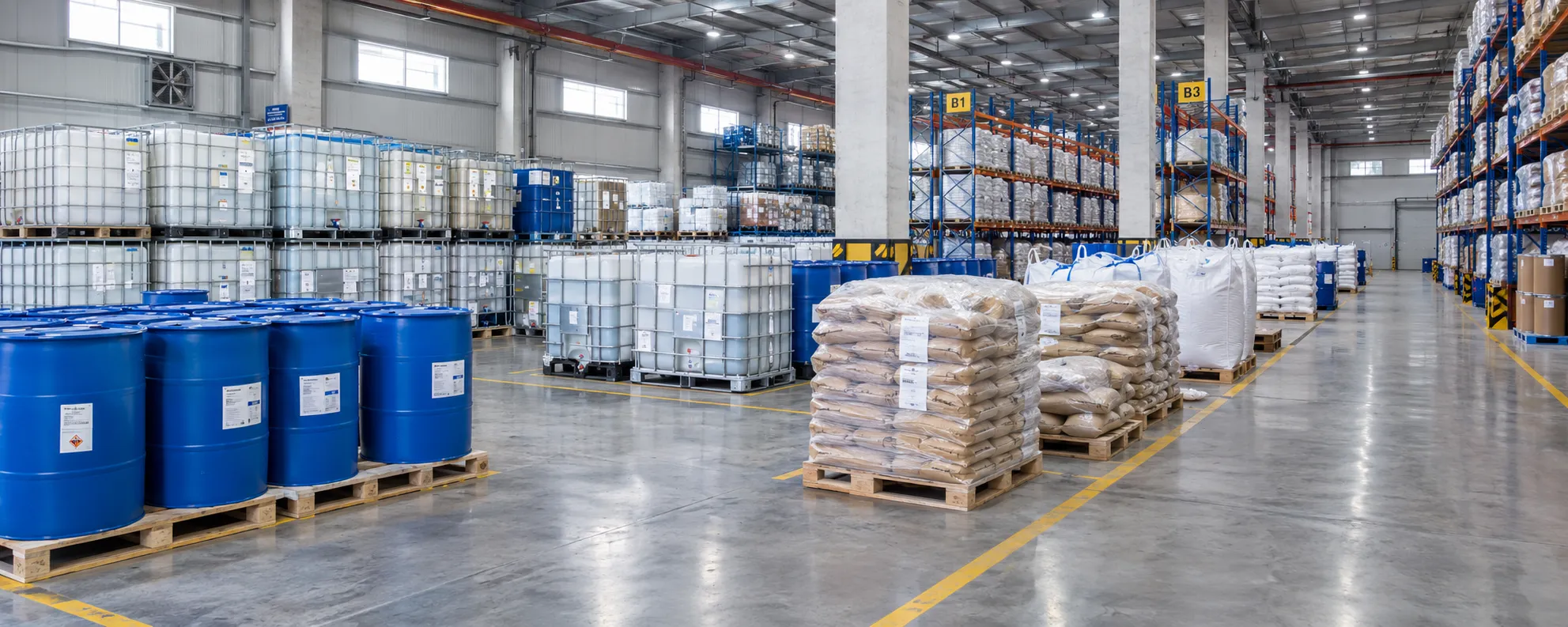 Modern UATChem warehouse with chemical drums, IBC totes and bagged products stacked on labeled pallet racks