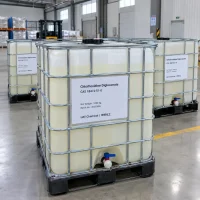 chlorhexidine-digluconate-1000kg-ibc-totes Chlorhexidine digluconate (CAS 18472-51-0) solution in 1000 kg white IBC tote tanks with discharge valves in warehouse