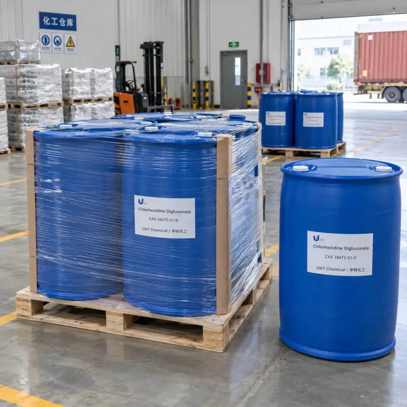 chlorhexidine-digluconate-drums-wrapped-pallet-shipping Chlorhexidine digluconate (CAS 18472-51-0) in blue plastic drums, stretch-wrapped on a pallet, ready for shipment