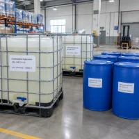chlorhexidine-digluconate-ibc-totes-blue-drums-warehouse Chlorhexidine digluconate (CAS 18472-51-0) solution in white IBC totes and blue plastic drums in a warehouse