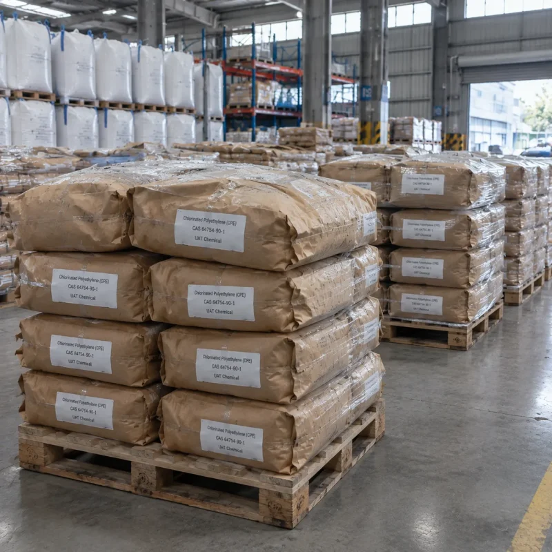 chlorinated-polyethylene-cpe-cas-64754-90-1-kraft-paper-bags-pallet Chlorinated Polyethylene (CPE) CAS 64754-90-1 in kraft paper bags stacked and stretch-wrapped on pallets