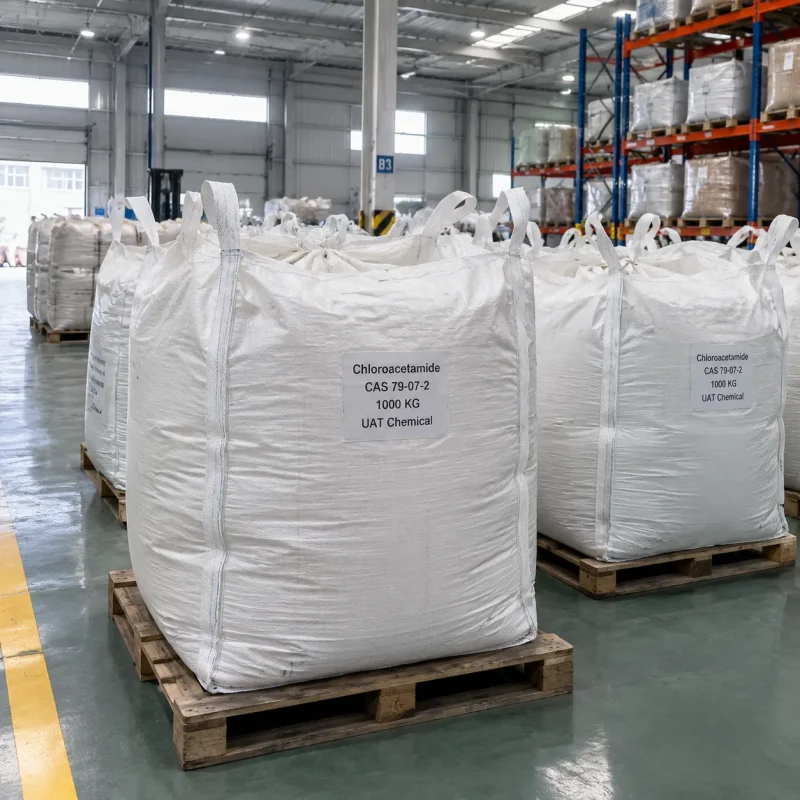 White bulk bags (FIBC) of chloroacetamide (CAS 79-07-2), 1000 kg each, on wooden pallets in a warehouse