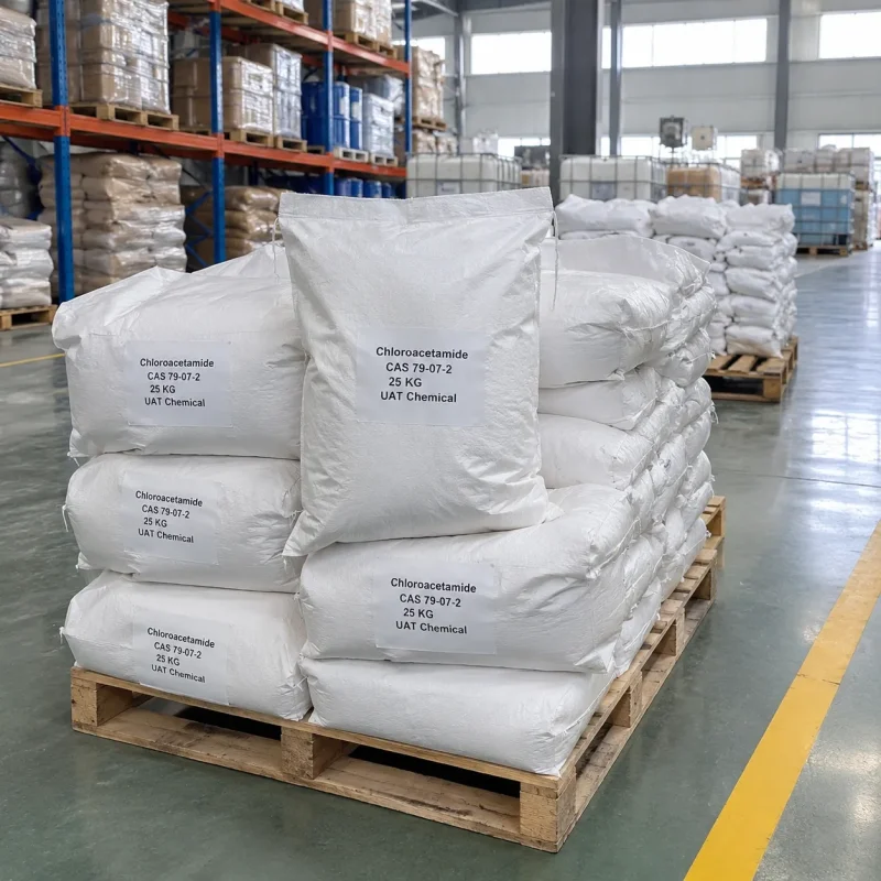 Stacked white woven bags of chloroacetamide (CAS 79-07-2), 25 kg each, on a wooden pallet