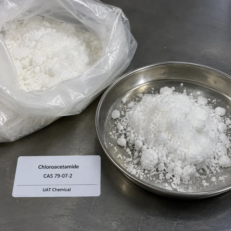 White crystalline chloroacetamide powder (CAS 79-07-2) in a stainless steel dish and a plastic bag