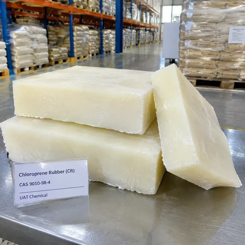 Chloroprene Rubber (CR) CAS 9010-98-4 off-white raw rubber blocks stacked on steel table