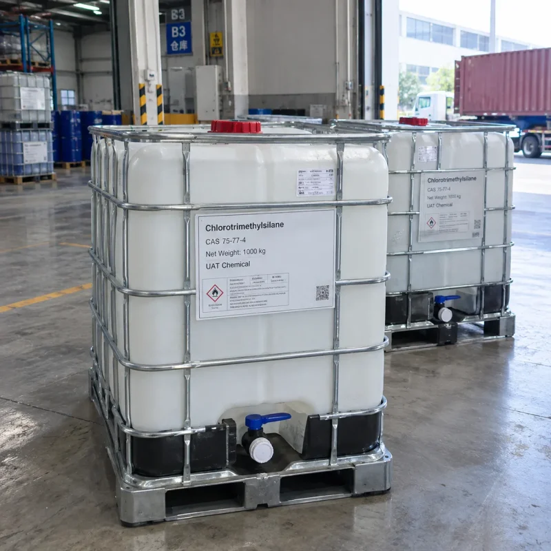 chlorotrimethylsilane-tmcs-cas-75-77-4-1000kg-ibc-tanks-loading IBC tanks labeled Chlorotrimethylsilane CAS 75-77-4 with 1000 kg net weight and flammable symbol at a warehouse loading area with a container truck behind.