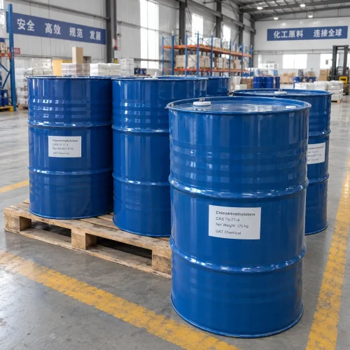 chlorotrimethylsilane-tmcs-cas-75-77-4-170kg-blue-steel-drums-pallet Blue steel drums labeled Chlorotrimethylsilane CAS 75-77-4 with 170 kg net weight on a wooden pallet in a warehouse with racks and a forklift in the background.