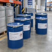 chlorotrimethylsilane-tmcs-cas-75-77-4-25kg-blue-drums-storage Blue drums labeled Chlorotrimethylsilane CAS 75-77-4 with 25 kg net weight and flammable symbol in a chemical storage area with racks behind.