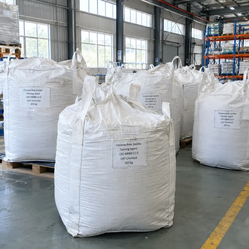 chrome-free-zeolite-tanning-agent-cas-68989-22-0-650kg-fibc-bags White FIBC bulk bags labeled Chrome-free Zeolite Tanning Agent CAS 68989-22-0 with 650 kg net weight on wooden pallets in a warehouse.