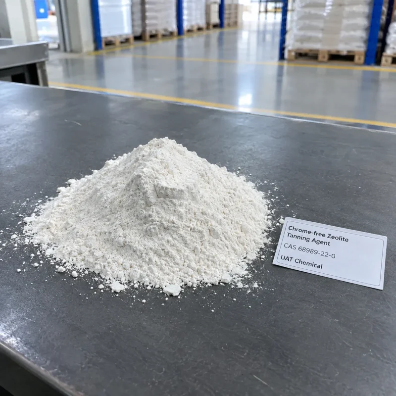 chrome-free-zeolite-tanning-agent-cas-68989-22-0-white-powder-sample Pile of white Chrome-free Zeolite Tanning Agent powder CAS 68989-22-0 on a dark table with a product label in a warehouse.