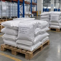 Stacked 25kg white woven bags of Chromium(III) Chloride CAS 10025-73-7 on a wooden pallet in a warehouse with IBC tanks in the background.