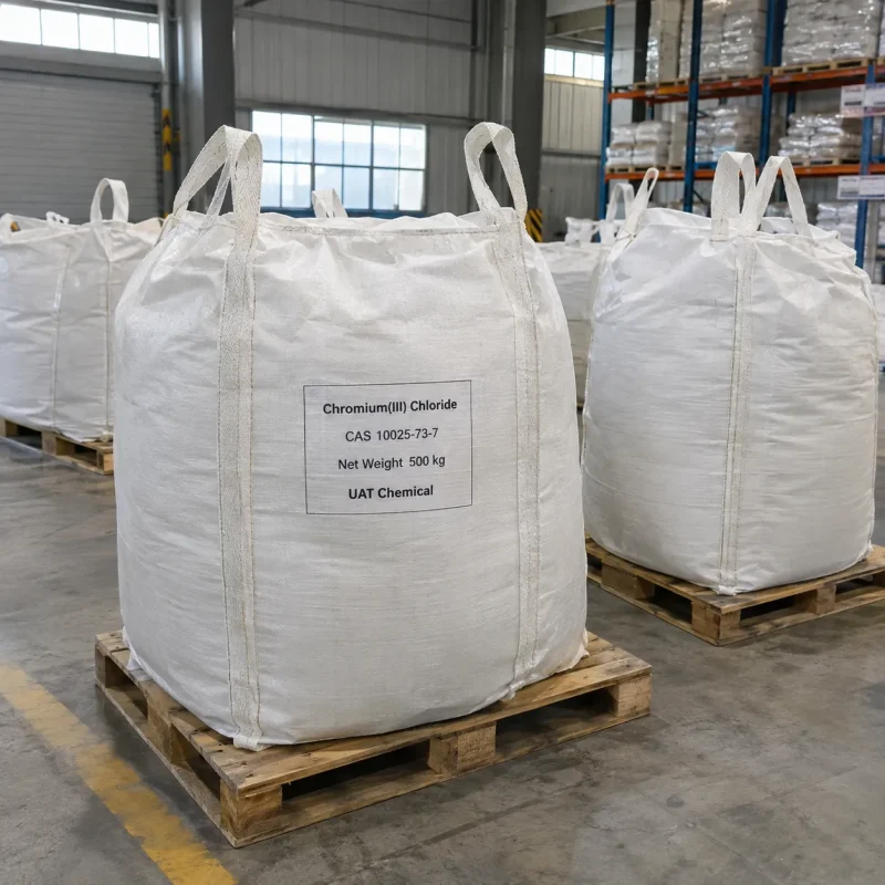 White FIBC bulk bags labeled Chromium(III) Chloride CAS 10025-73-7 with 500 kg net weight on wooden pallets in a warehouse.