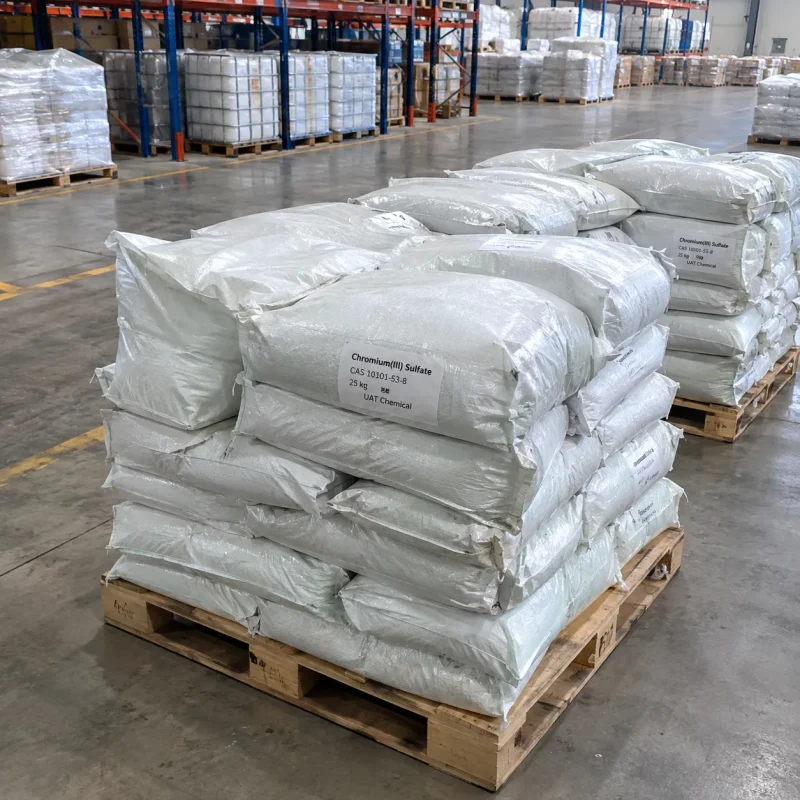 Stacked 25kg white bags of Chromium(III) Sulfate CAS 10101-53-8 on wooden pallets in a warehouse storage area.