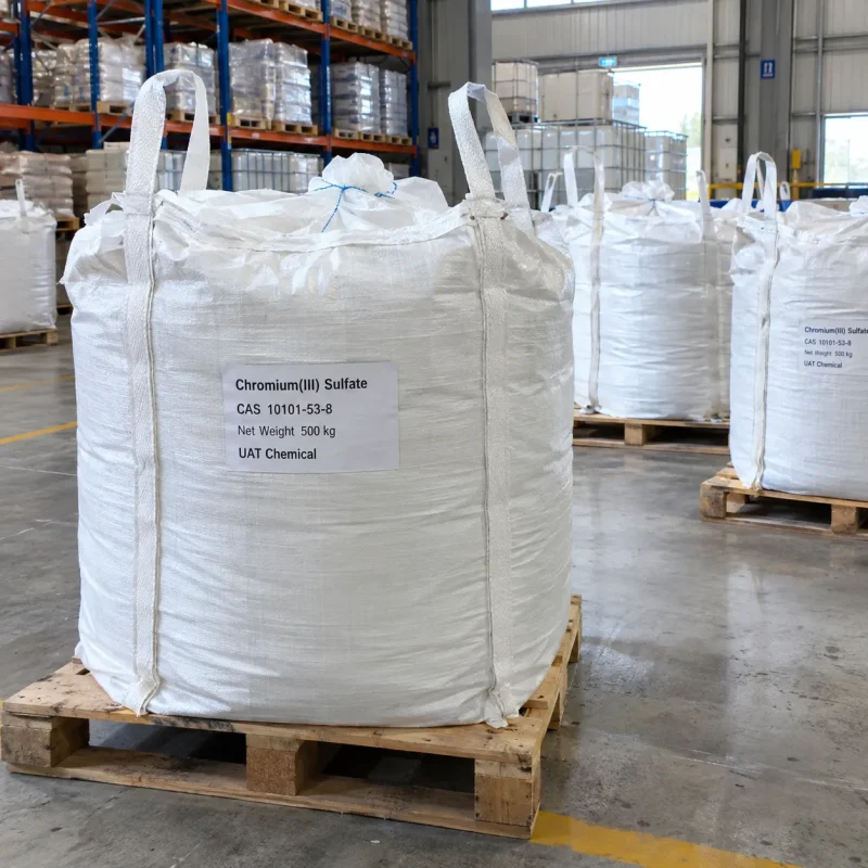 White FIBC bulk bags labeled Chromium(III) Sulfate CAS 10101-53-8 with 500 kg net weight on wooden pallets in a warehouse.