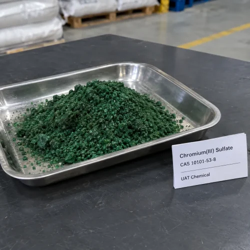 Pile of green Chromium(III) Sulfate crystals CAS 10101-53-8 in a stainless steel tray with a product label on a dark table in a warehouse.